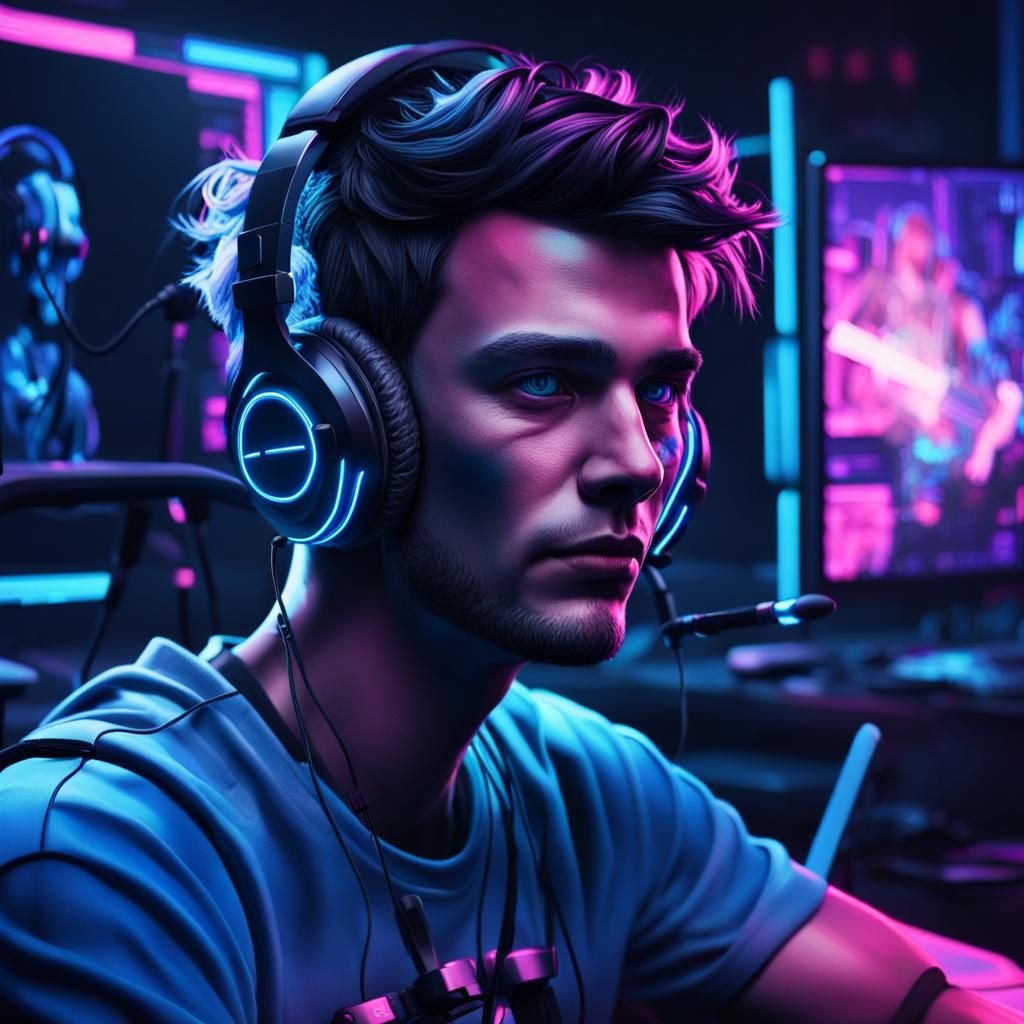 Cyberpunk Gamer Portrait in Neon Light