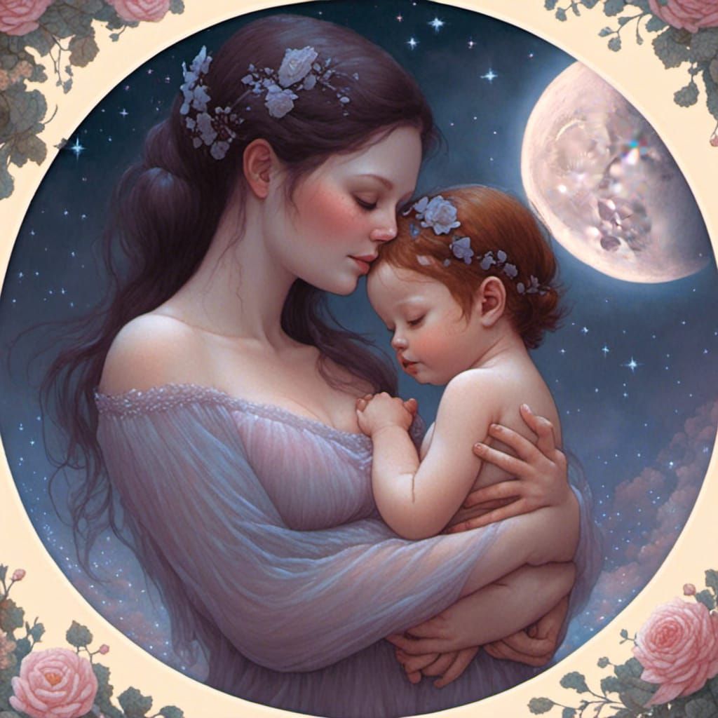 Ethereal Mother and Baby Amidst Stars and Roses