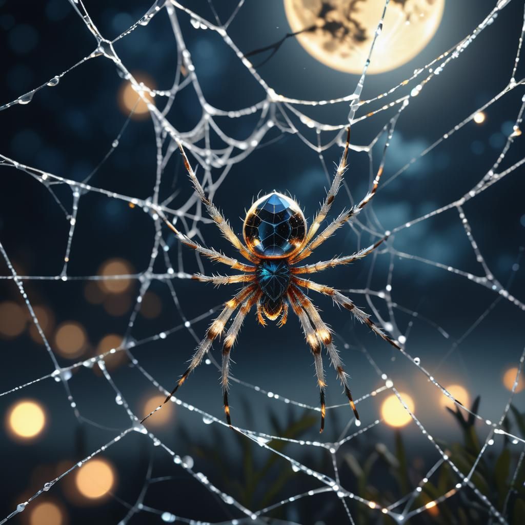 Eine transparente kristall-spinne die von Mondlicht beleucht...
