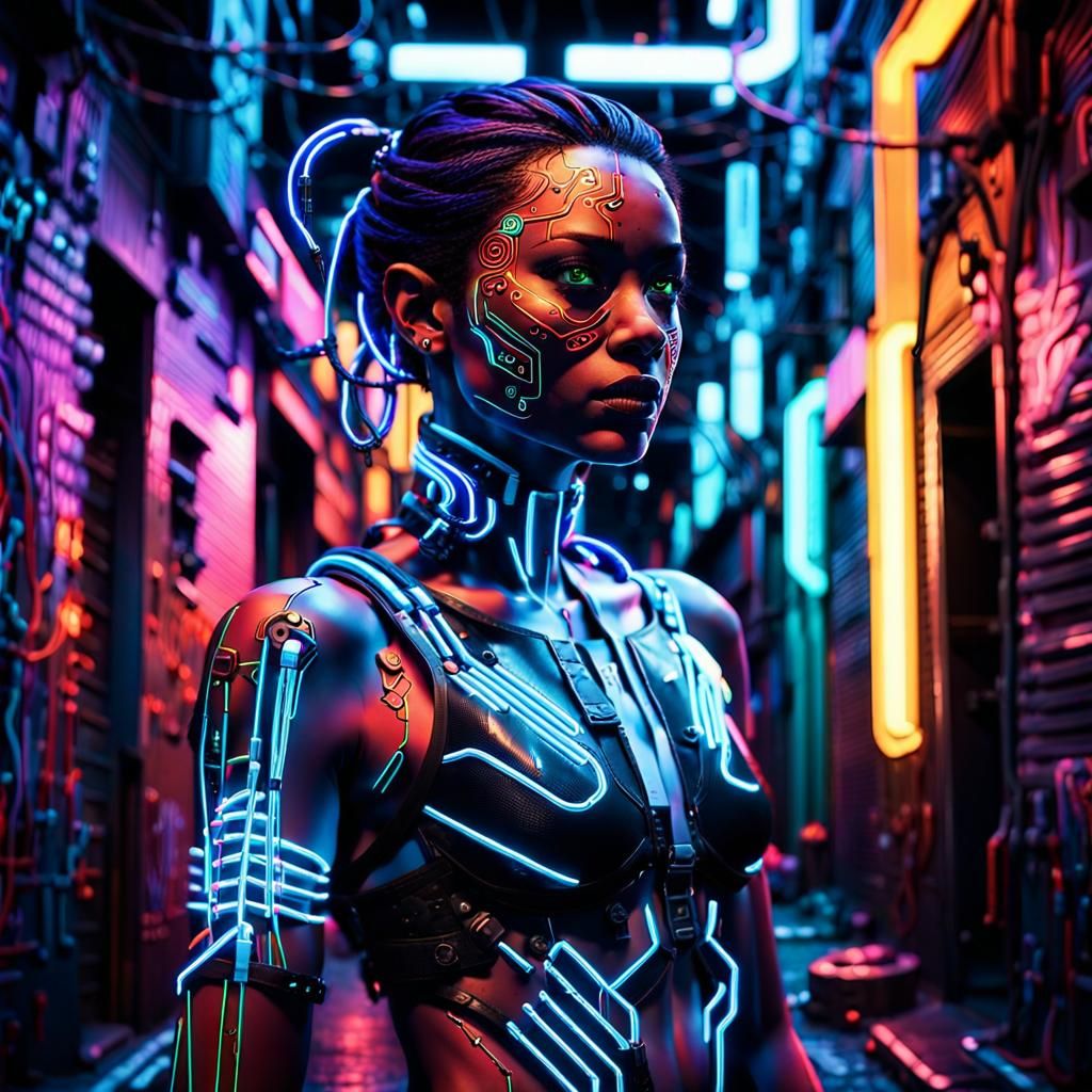 Cyberpunk Woman Portrait in Neon Alleyway