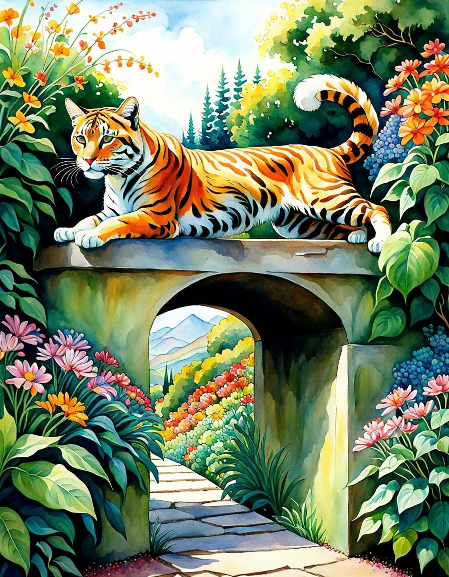 Colorful Watercolor: Big Cat Stretching in Garden