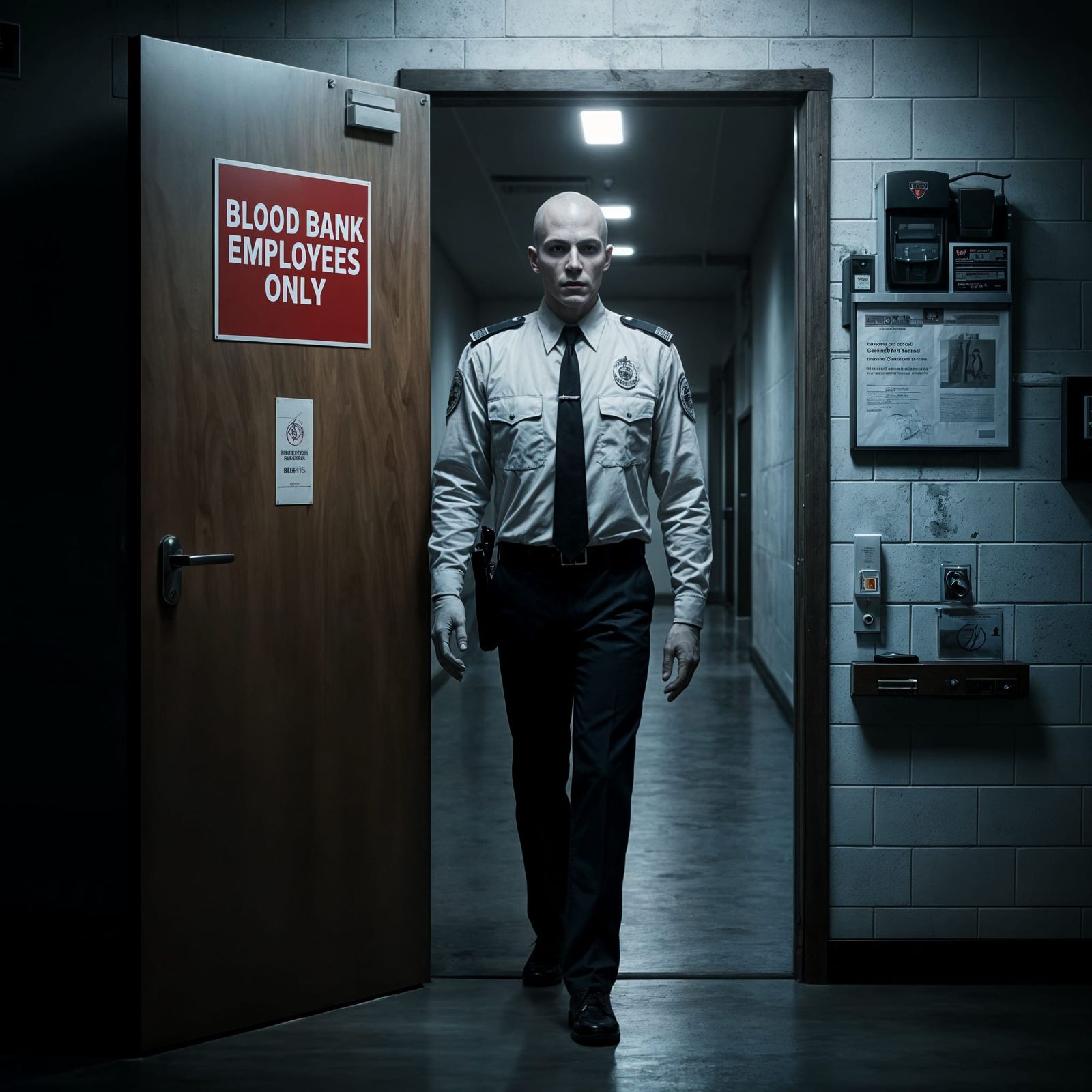 Vampire Security Guard on Night Shift at Blood Bank