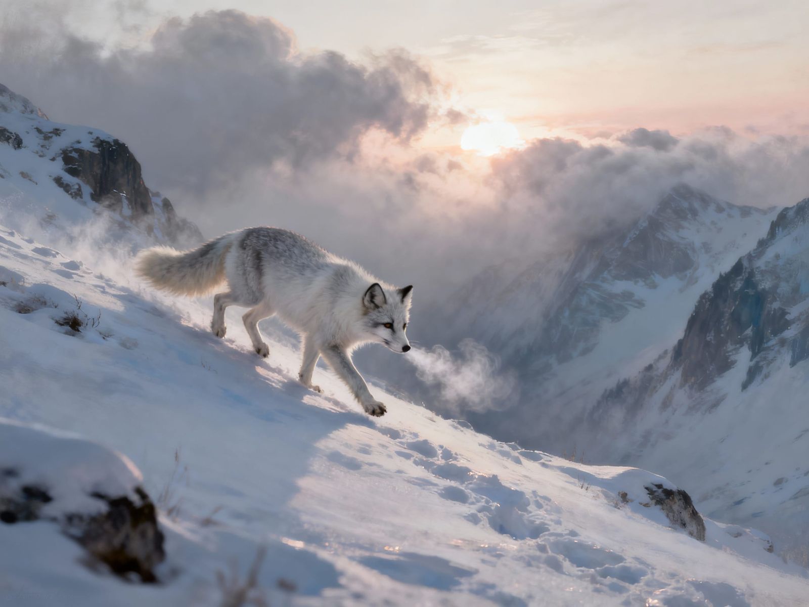 Arctic Fox Descends Snowy Mountain at Dawn