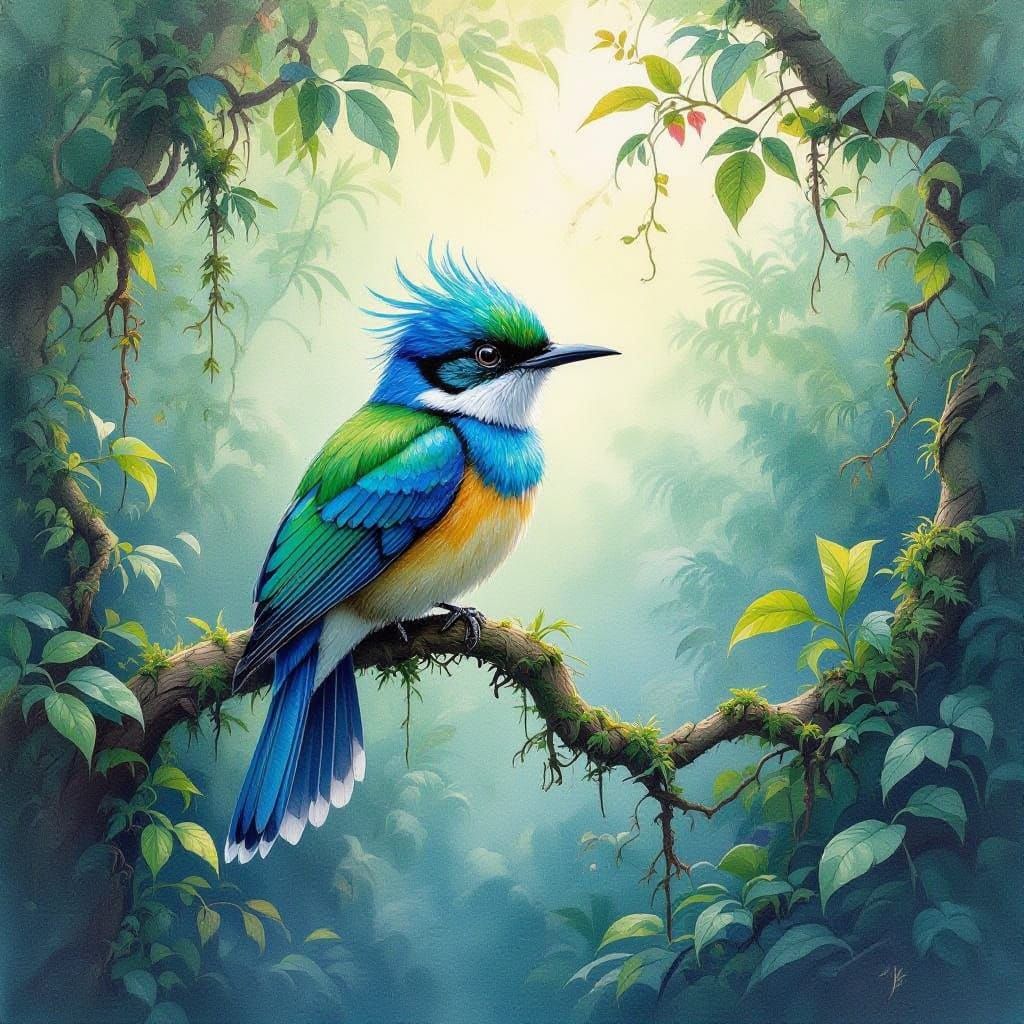 Vibrant Peeler Bird in Mid-Hop, Set Amidst Jungle Tapestry