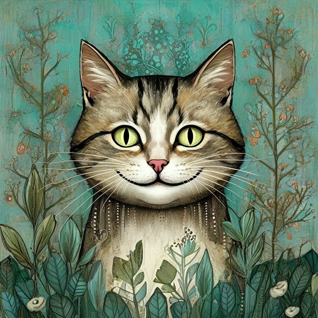 Whimsical Grinning Cat in Folk-Art Style