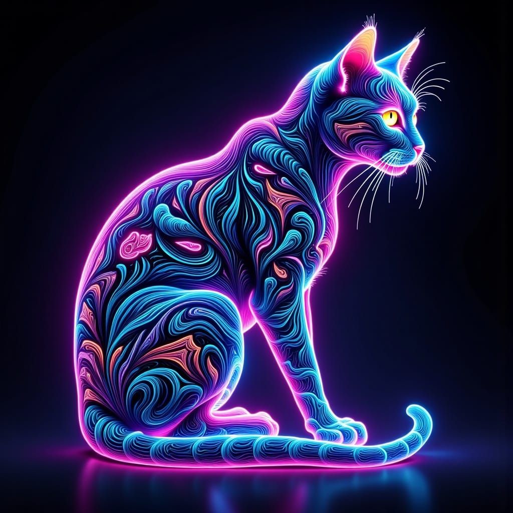 Psychedelic Neon Cat Digital Illustration