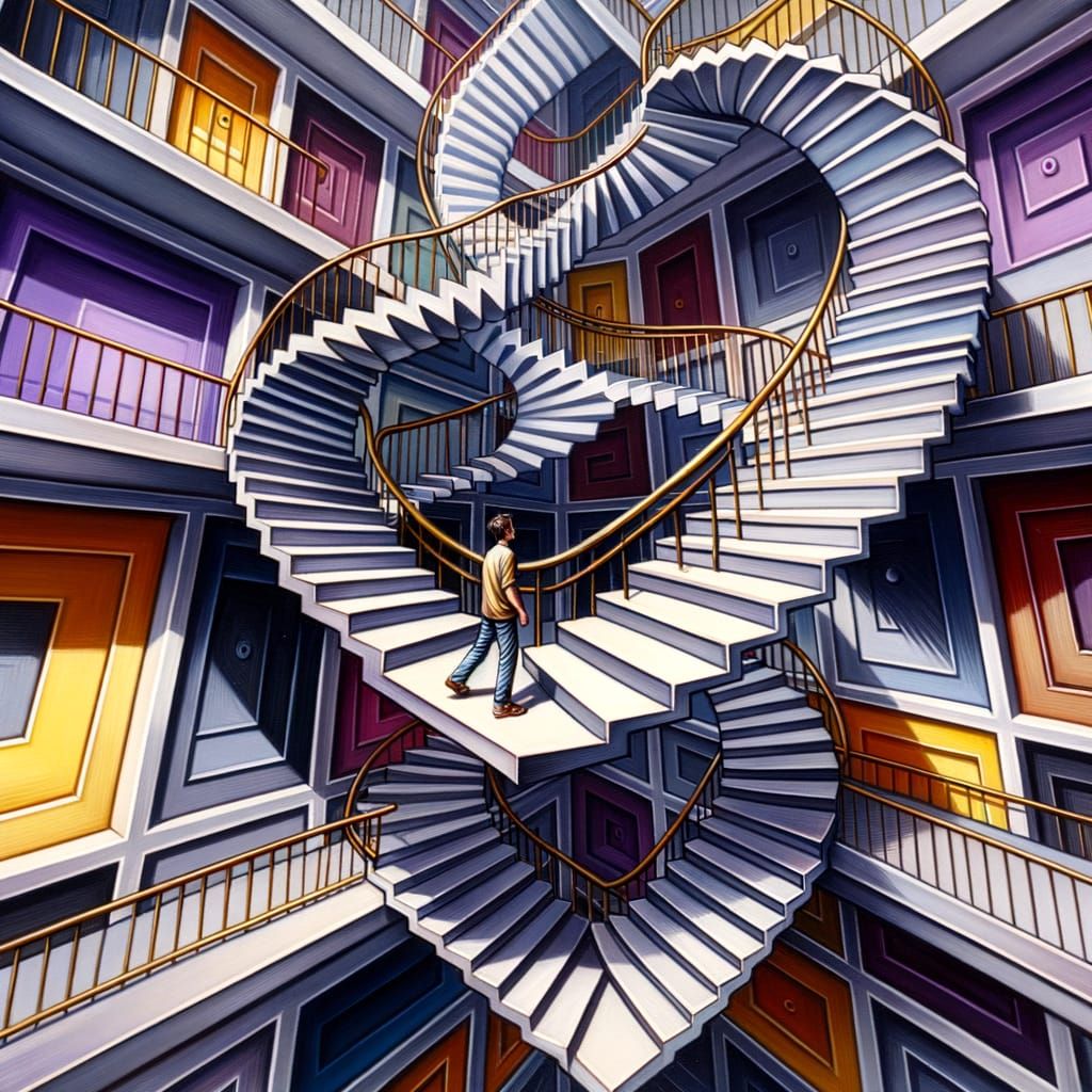 Impossible Staircase with Figure in Geometric Style