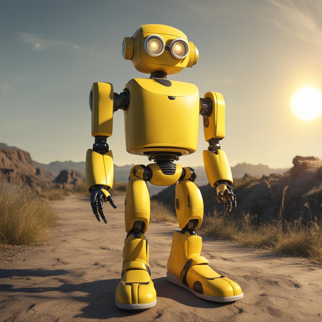Yellow Robot Holding Banana in Sunlight