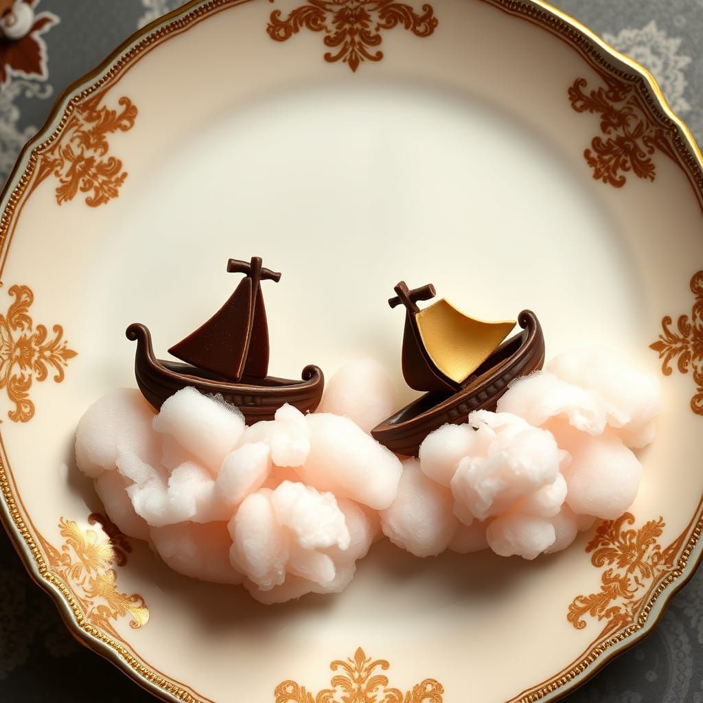 Elegant Fine China Plate with Whimsical Chocolate Rowboats a...