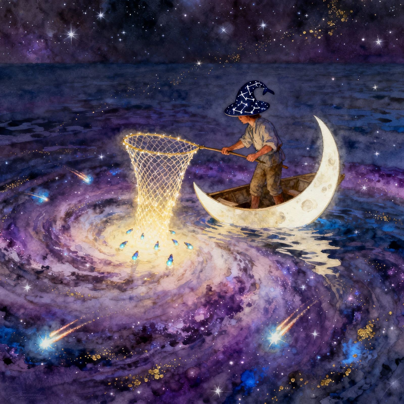 Cosmic Fisherman Casting Luminous Net in Starry Sea