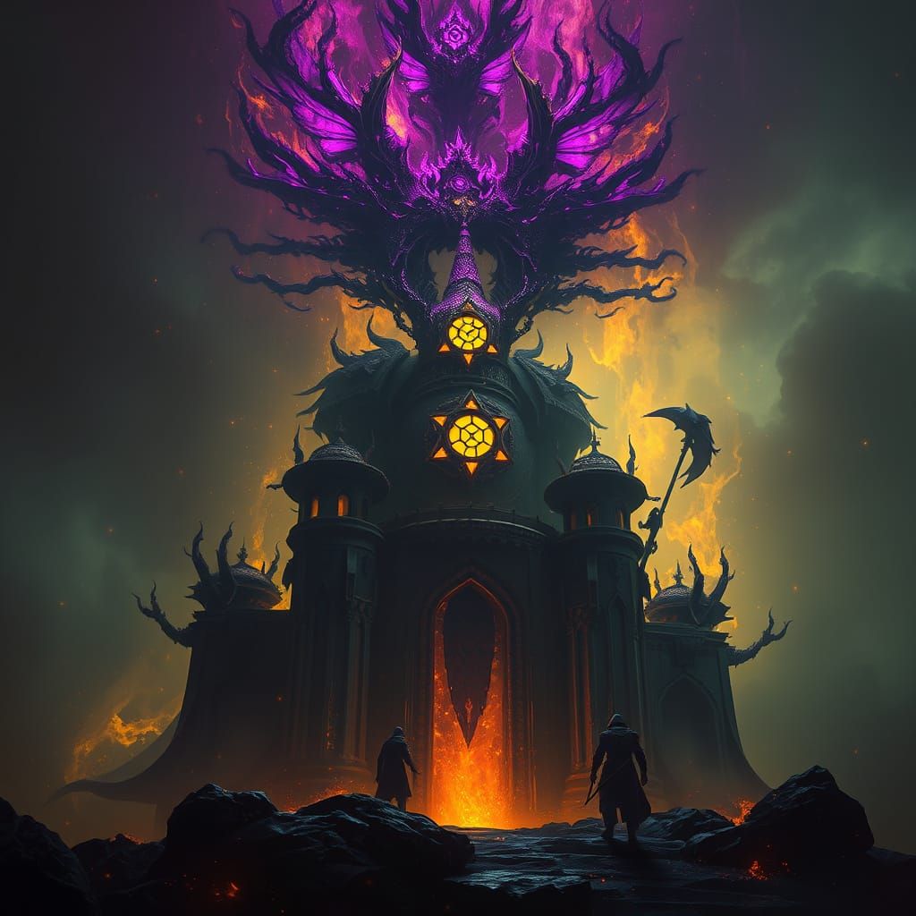 Hyperdetailed Dark Fantasy World in Purple and Yellow