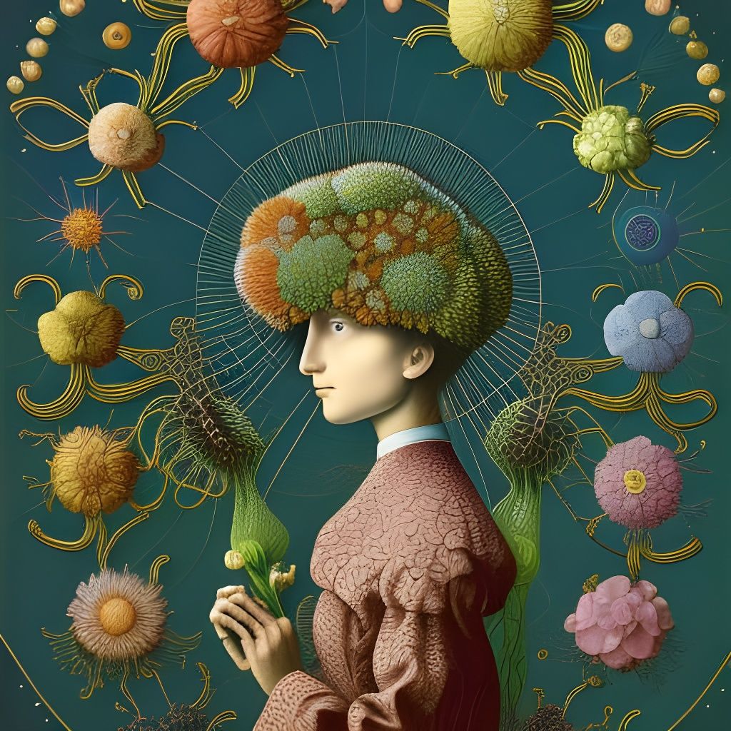 Girl Holding Flowers in Haeckel-Grimwood Style