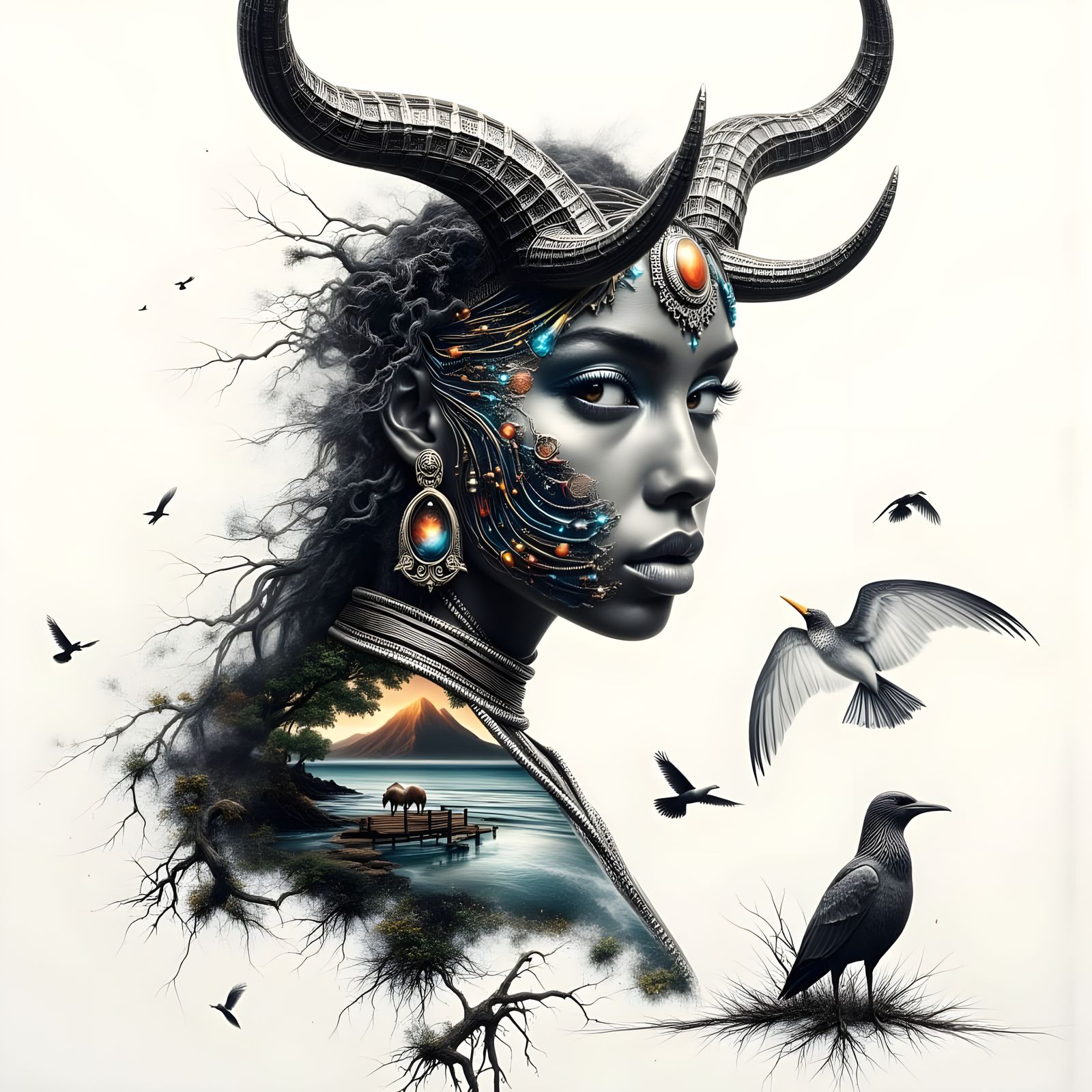 Circuitry Minotaur Silhouette in Double Exposure Style