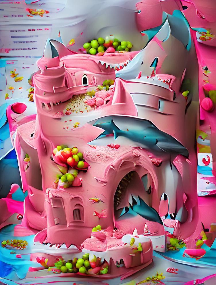 Pink Shark Castle Cake: Colorful Digital Illustration