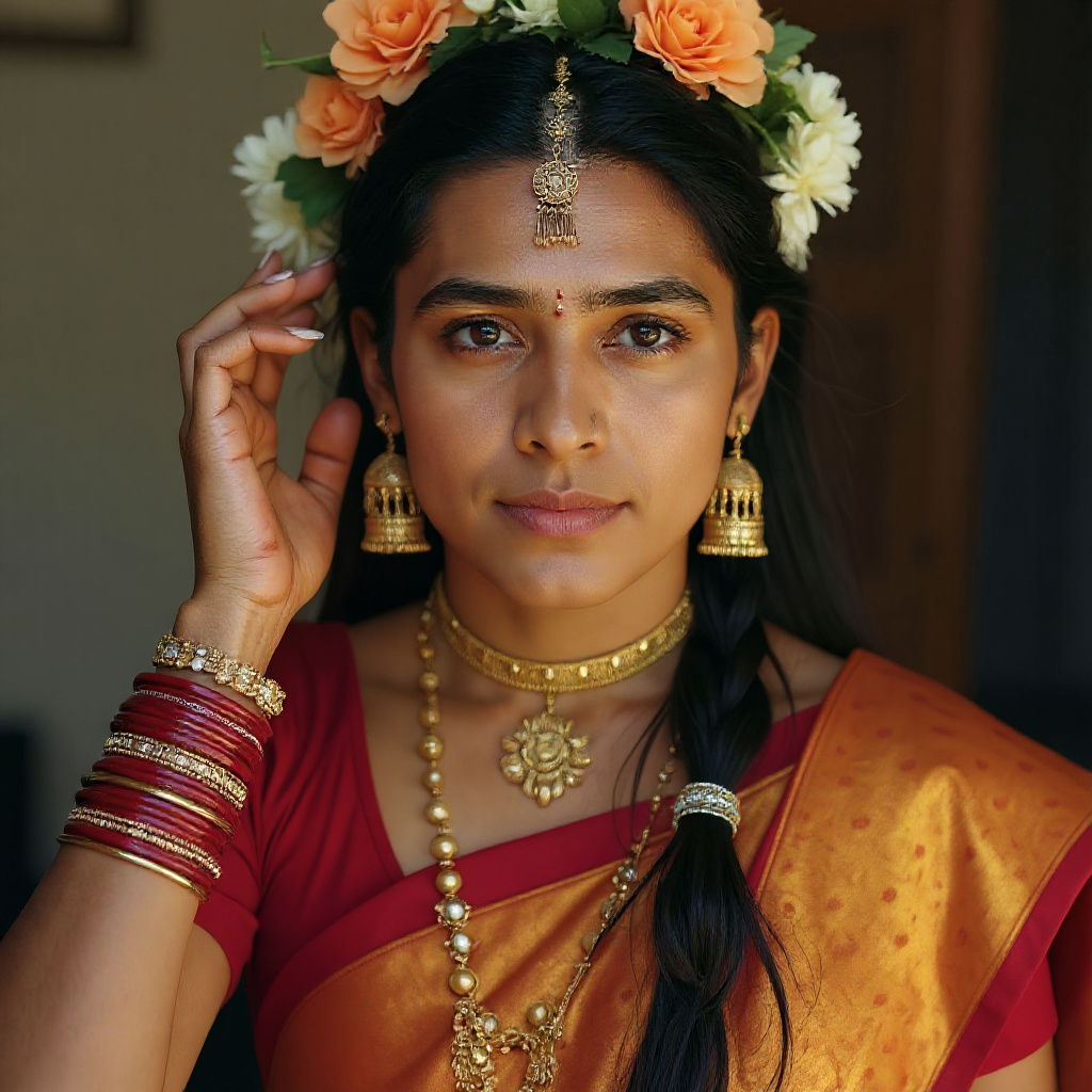 Indian Man in Saree with Traditional Adornments