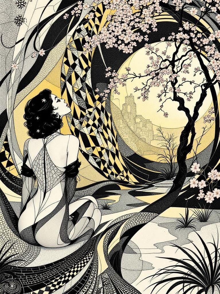 Elegant Fusion of Figure Study and Geometric Cherry Blossoms