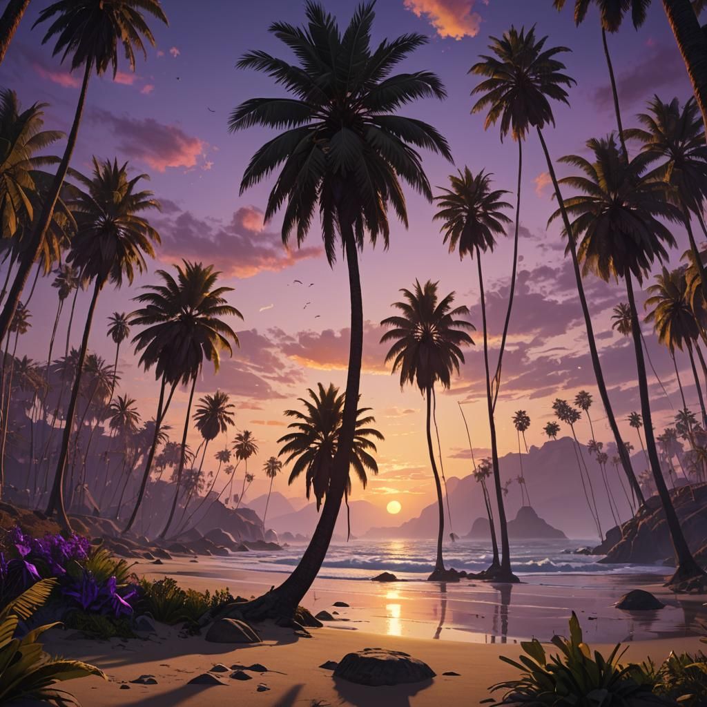 California Palm Trees Sunset: Dark Fantasy Concept Art