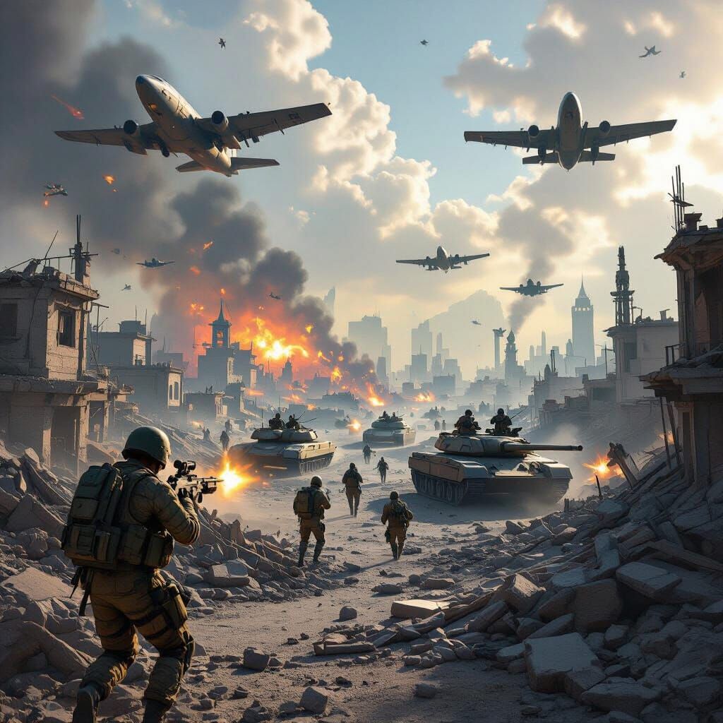 War-Torn Cityscape with Intense Combat and Aircraft