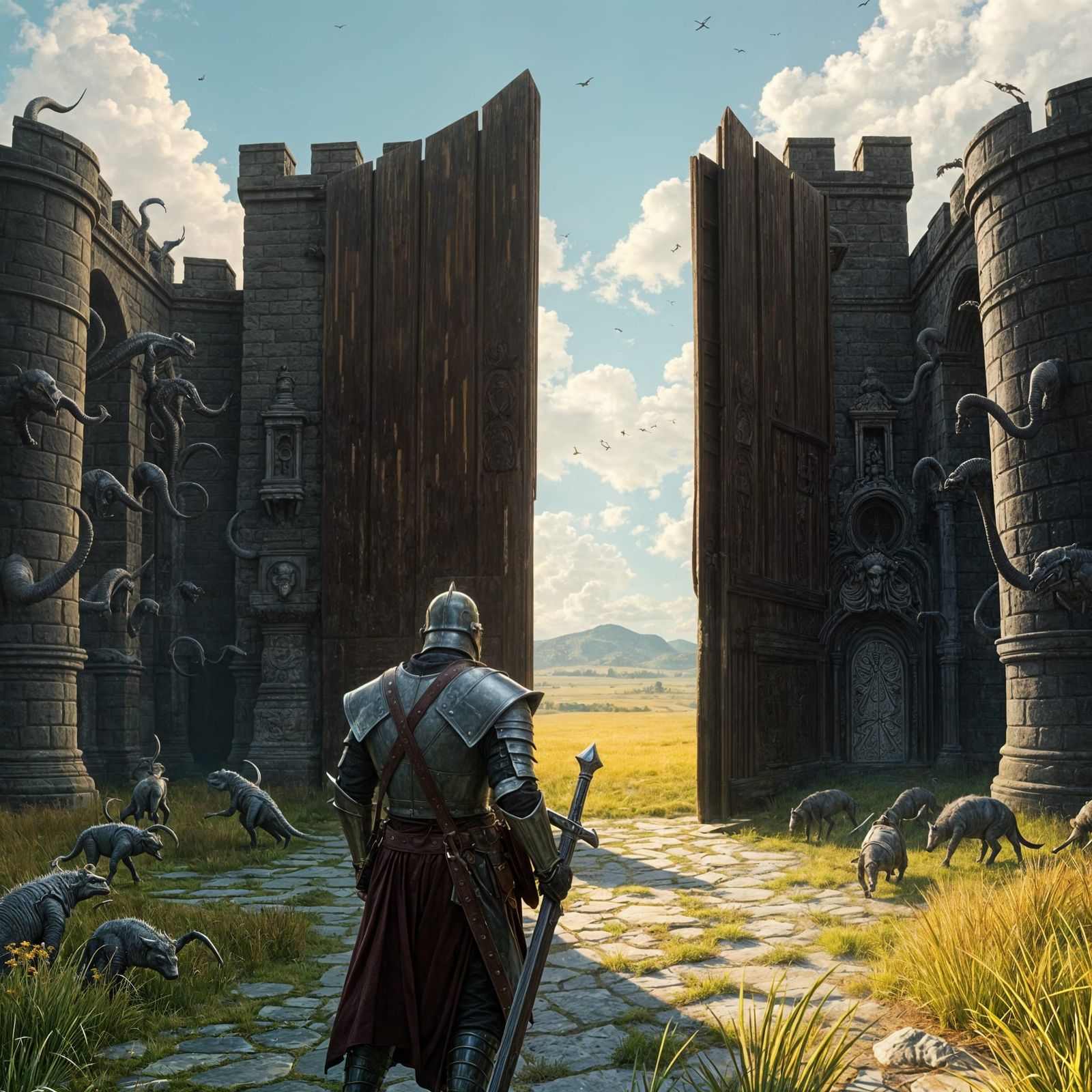Epic Knight Stands Before Gate to Dark Castle