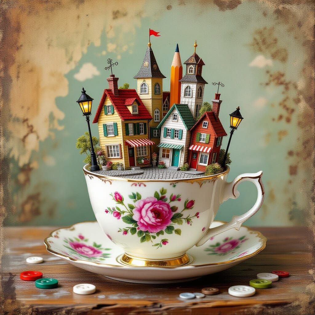 Teacup Town: A Mixed Media Collage of Wonders