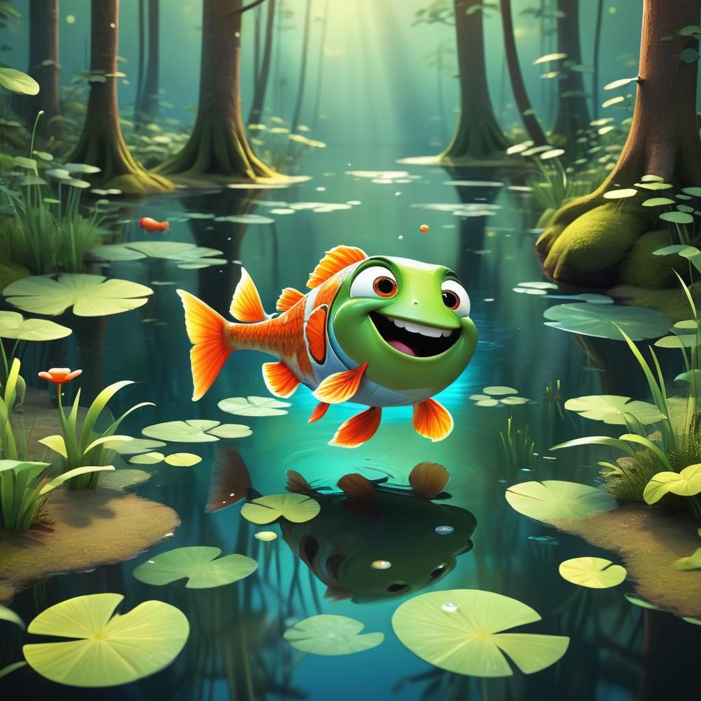 Happy Fish in Forest Pond, Pixar Style