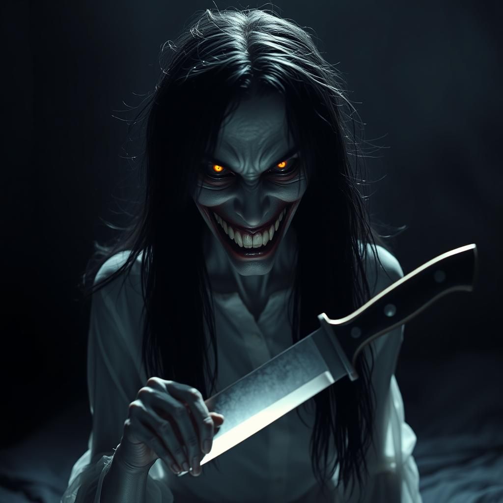 Terrifying Sadako-like Woman in Dark Bedroom