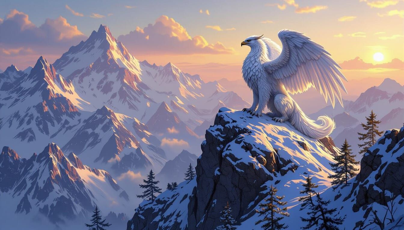 Griffin Surveys Domain From Mountain Peak in Fantasy Style