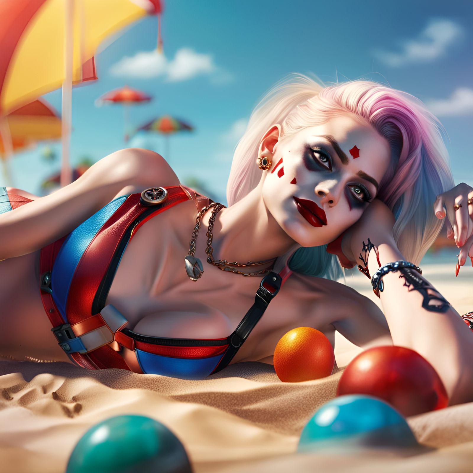 Harley Quinn Beach Vacation: Hyperrealistic Splash Art