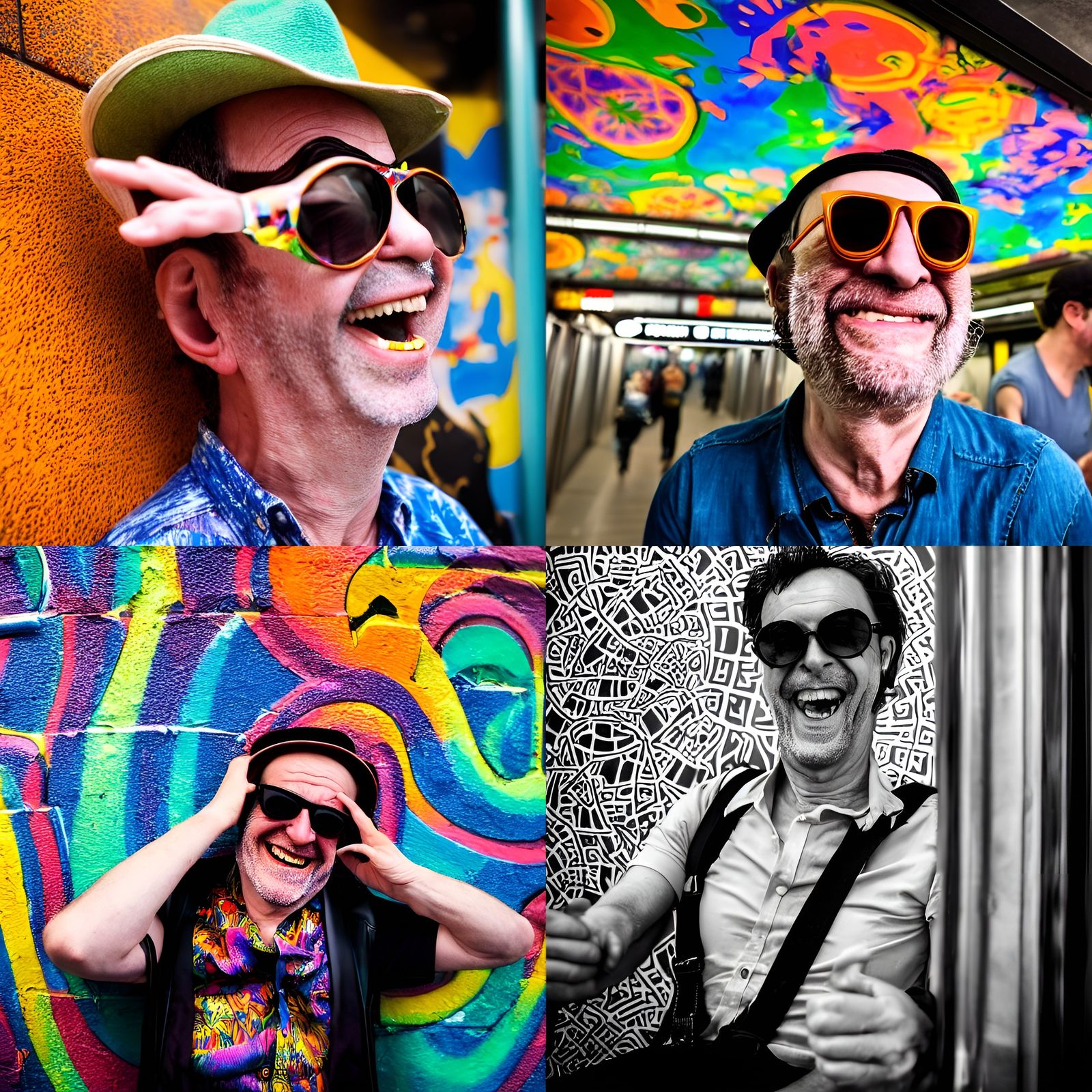 Happy Character in Subway with Psychedelic Sunglasses