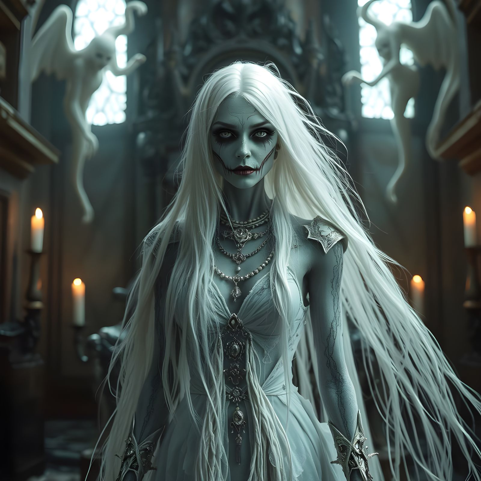 Zombie Queen in Decaying Throne Room: Photorealistic 8K