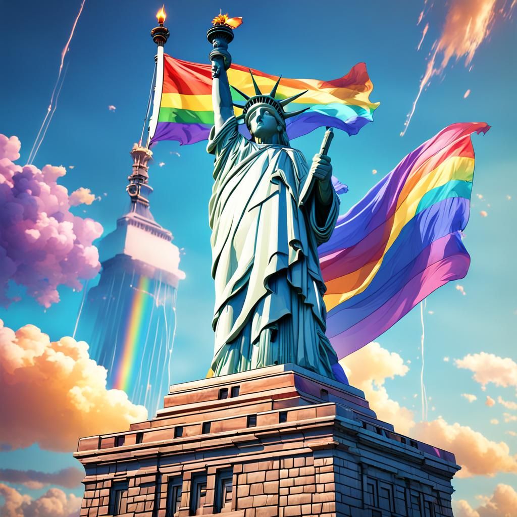Gay flag displayed proudly over the statue of liberty