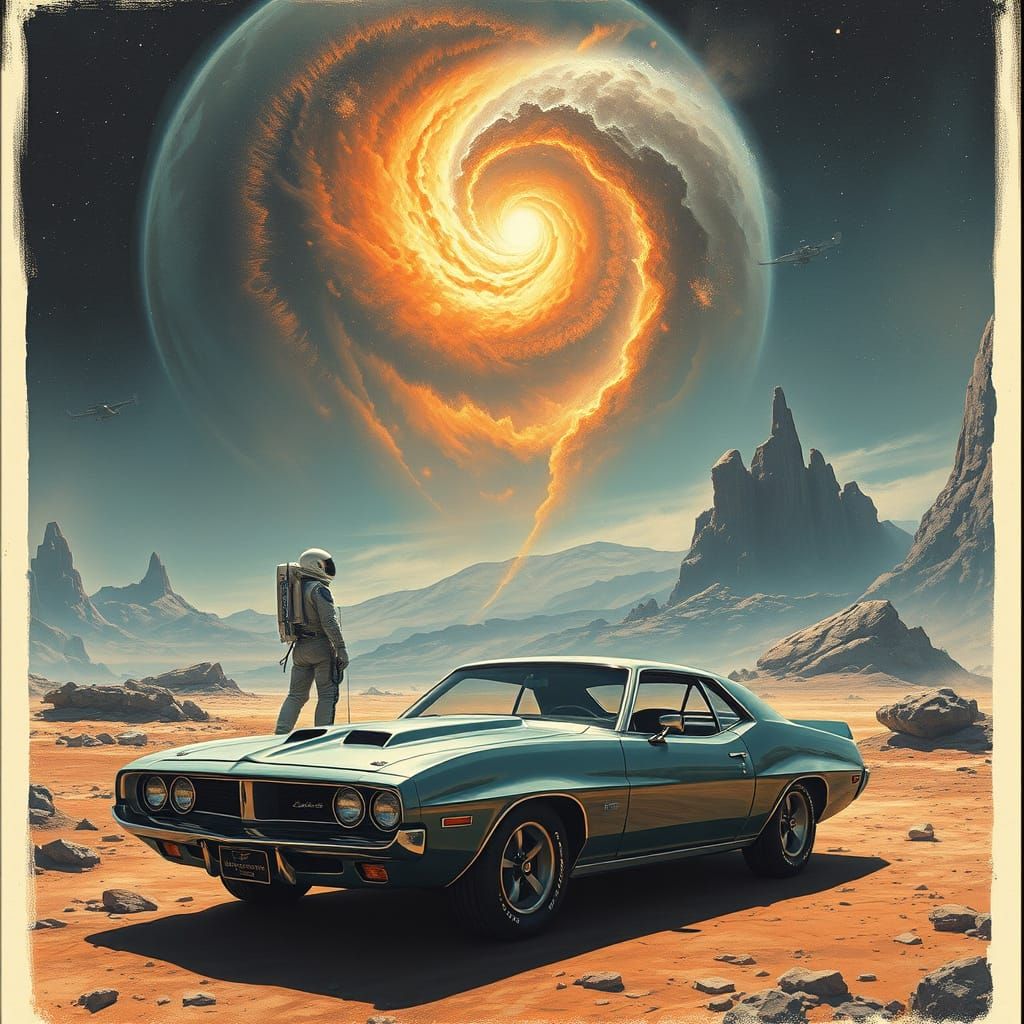 Astronaut on Alien Planet with Vintage Muscle Car
