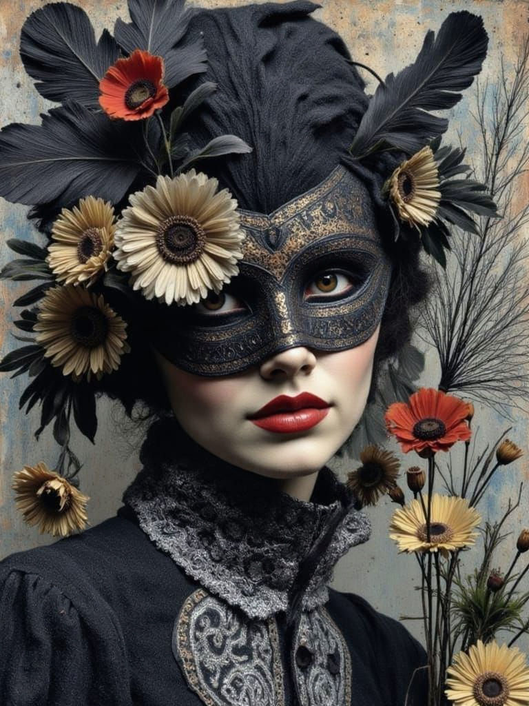 Bohemian Masked Woman with Iridescent Flowers
