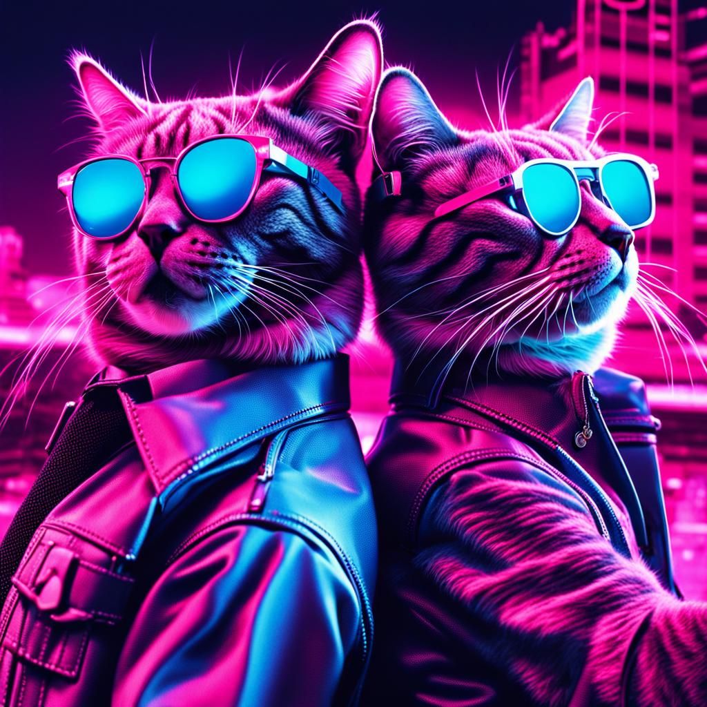 Cats as Starsky and Hutch in Synthwave Style