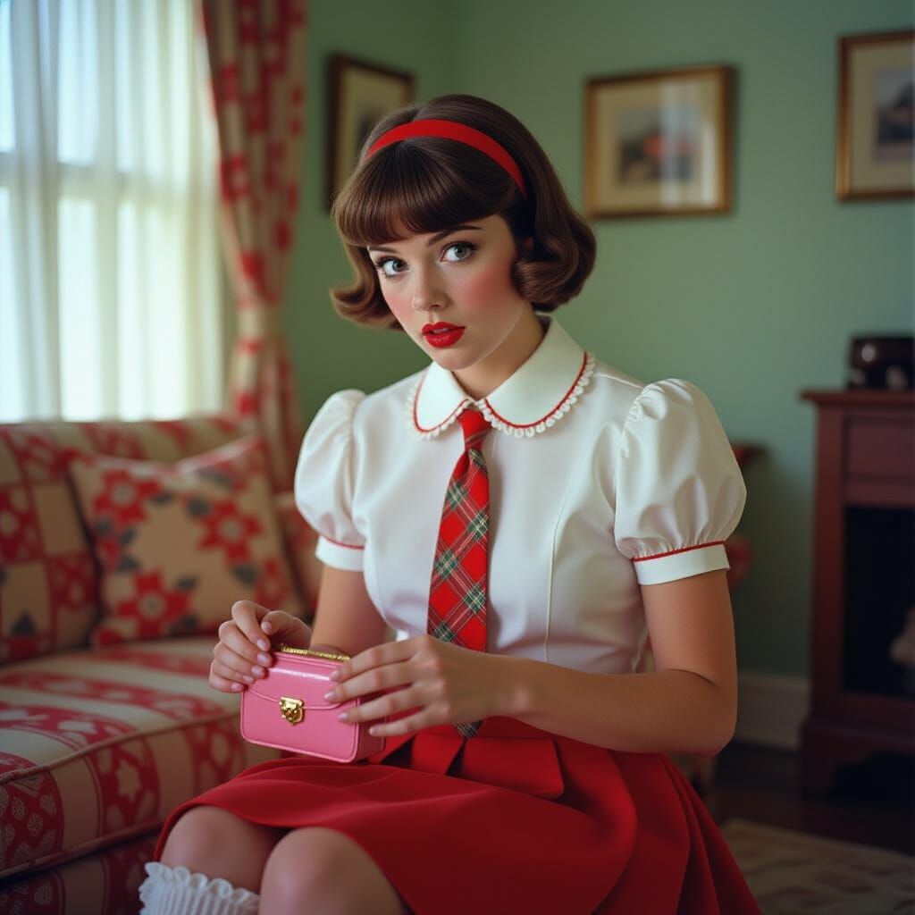 Young Man in Red School Uniform with Pink Purse
