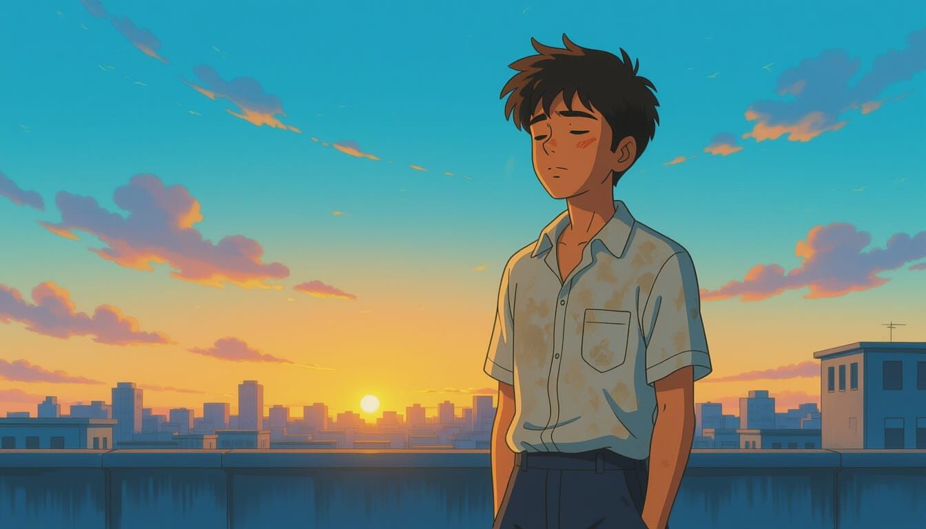 Determined Young Man on Rooftop at Dawn