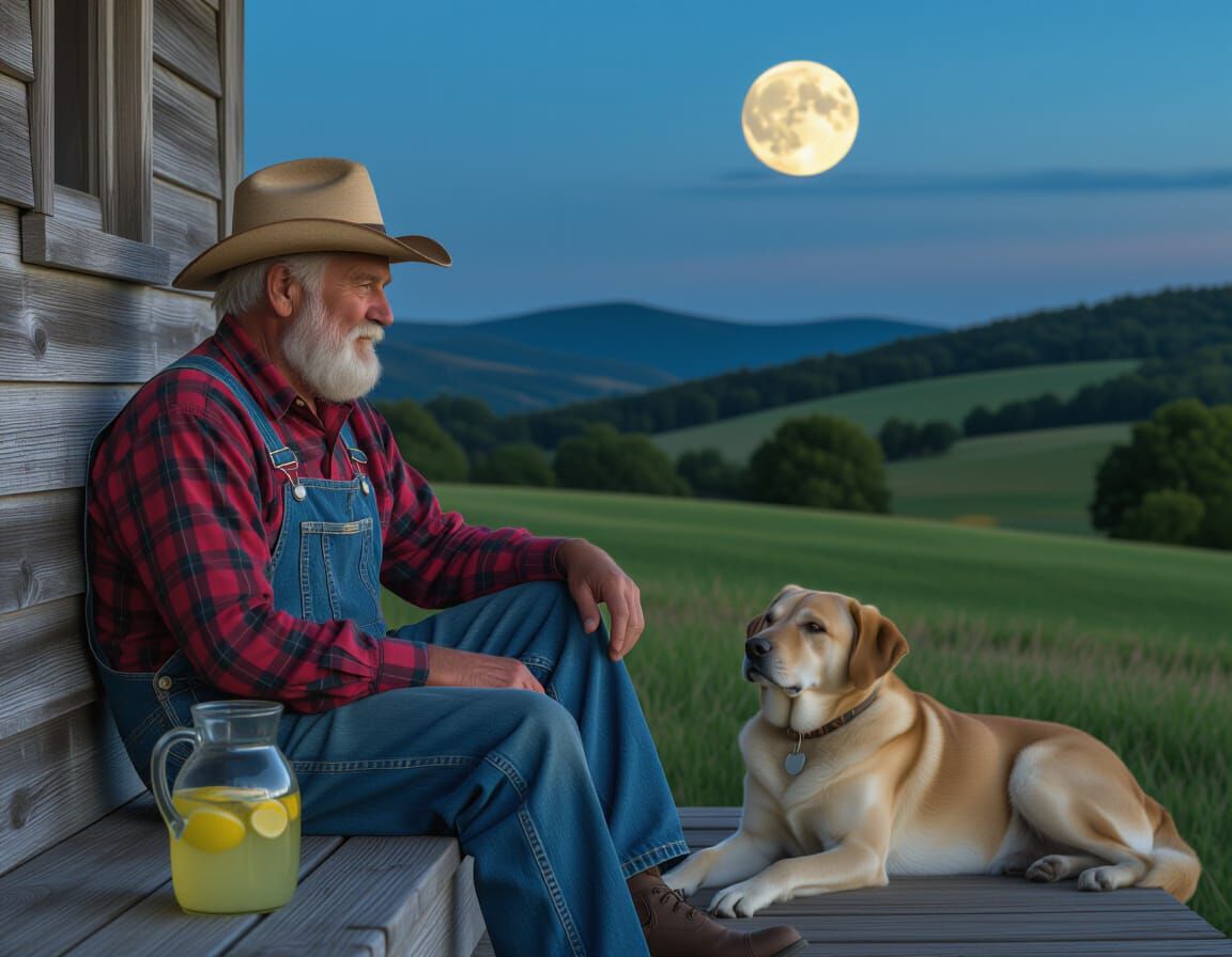 Hyperrealistic Image of Farmer Watching Moonrise
