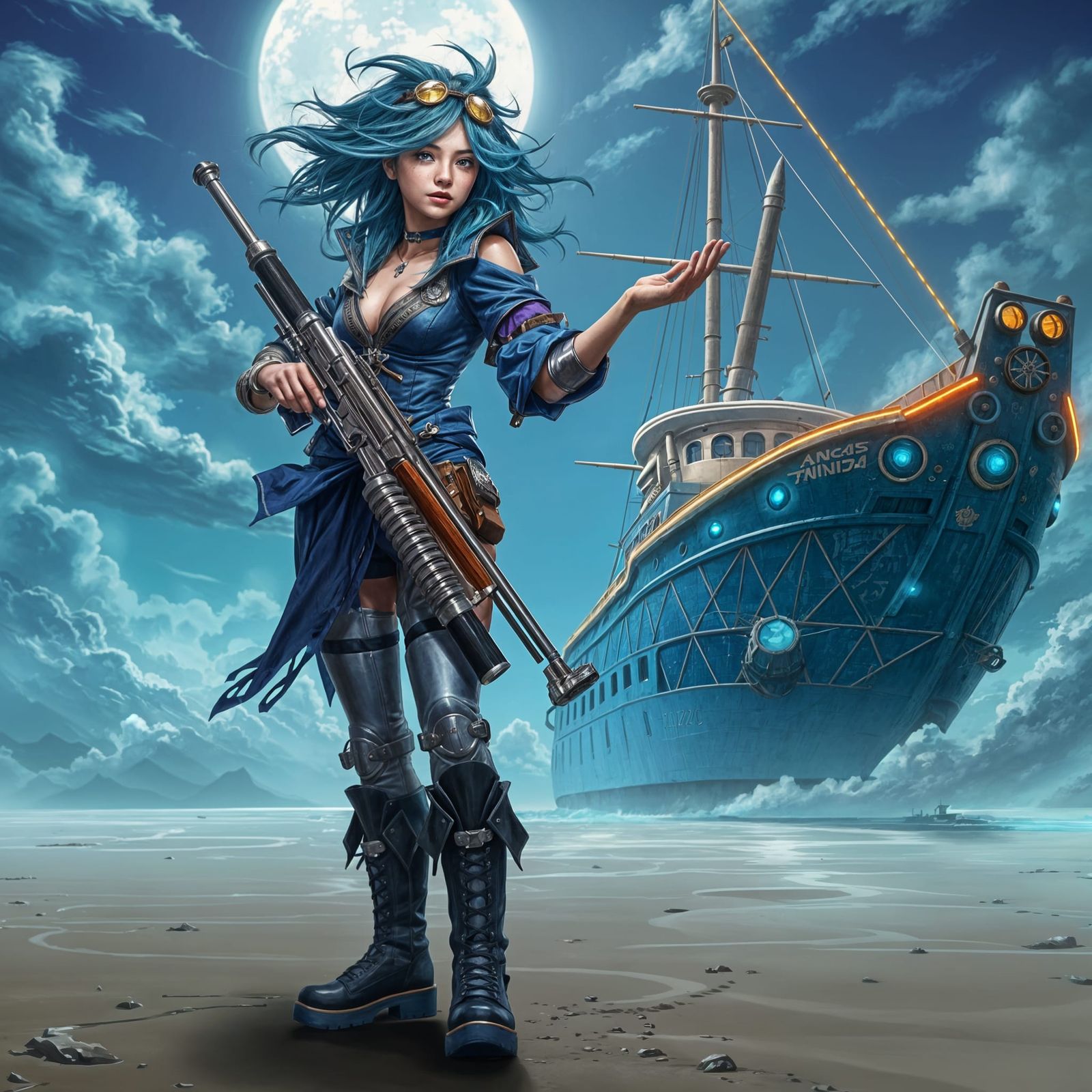 Cyberpunk Pirate: Anime-Inspired Bionic Woman on the Shore