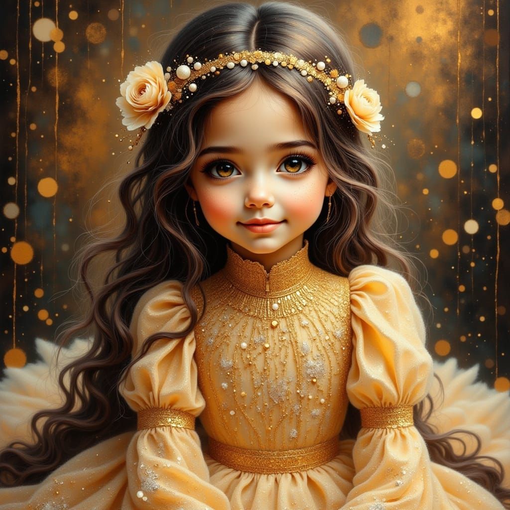 Toddler in Gold Dress with Lace and Ruffles