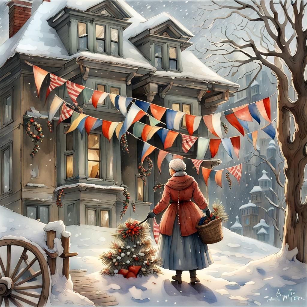 Festive Old Woman on Victorian Roof, Watercolor