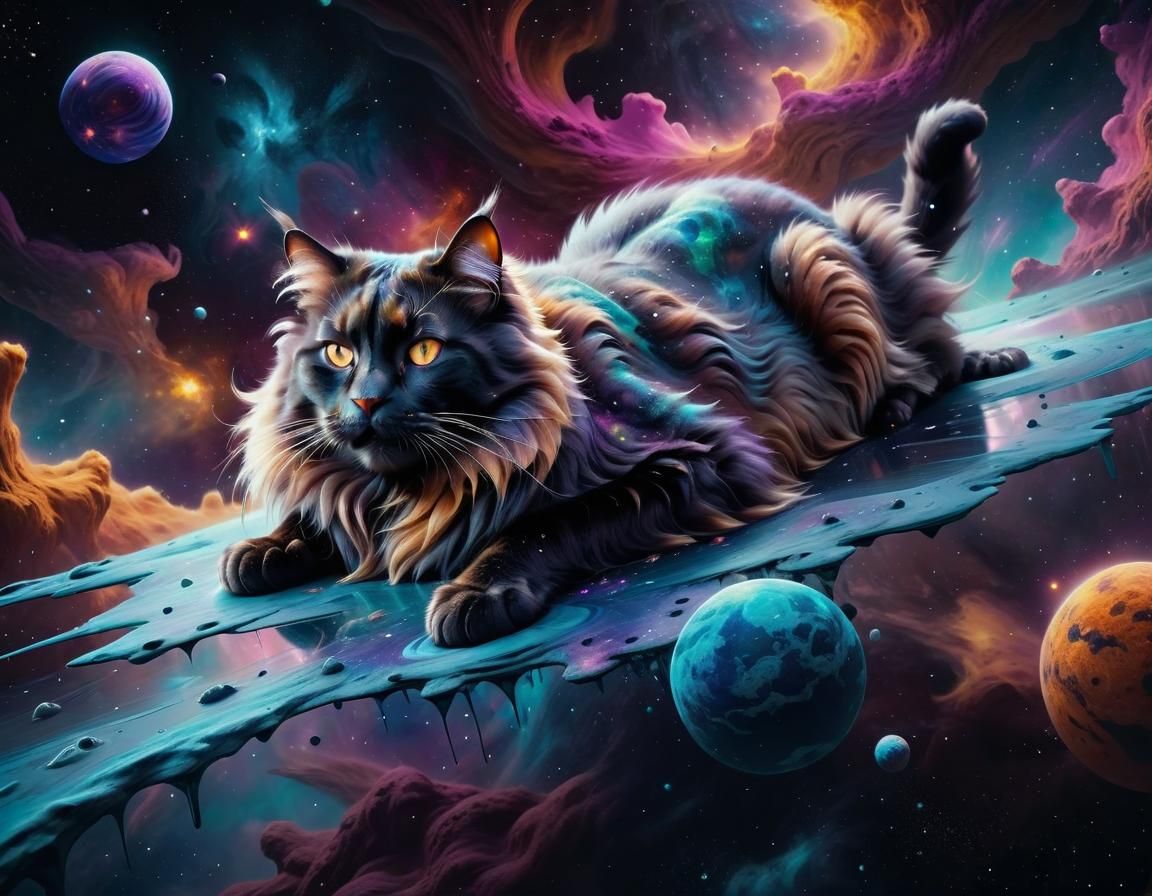Cosmic Cat Floating in Space: Hyperdetailed Matte Painting