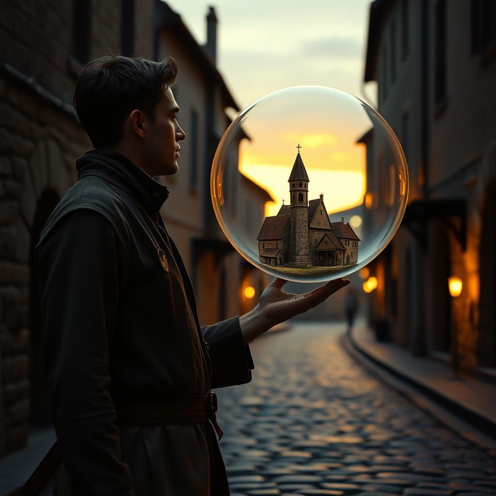 A Lone Figure Contemplates a Floating Medieval Village