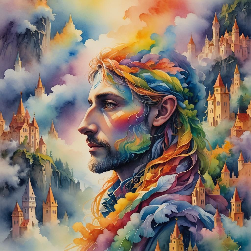 Rainbow Person in Misty Watercolor Painting