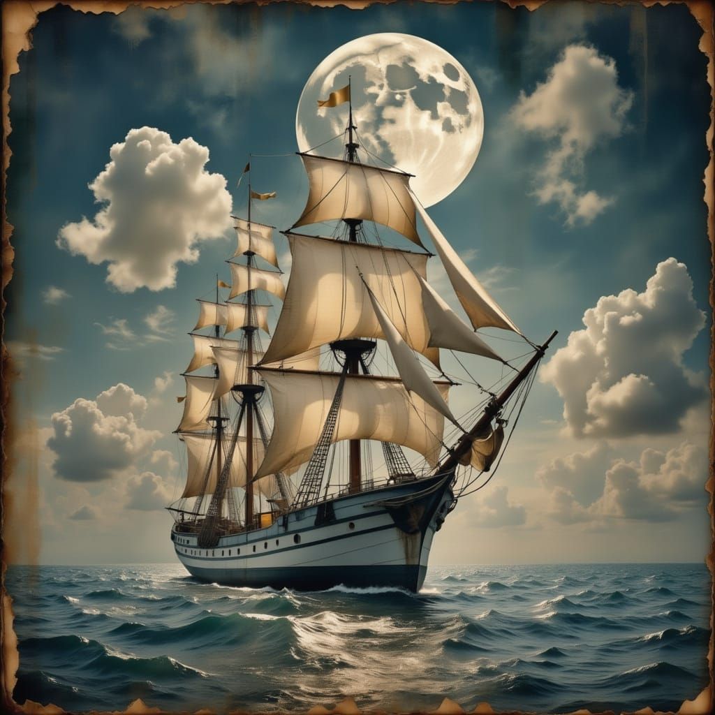 A magnificent tall ship sails beneath a luminous full moon, its billowing white sails catching the silver-blue light of ...