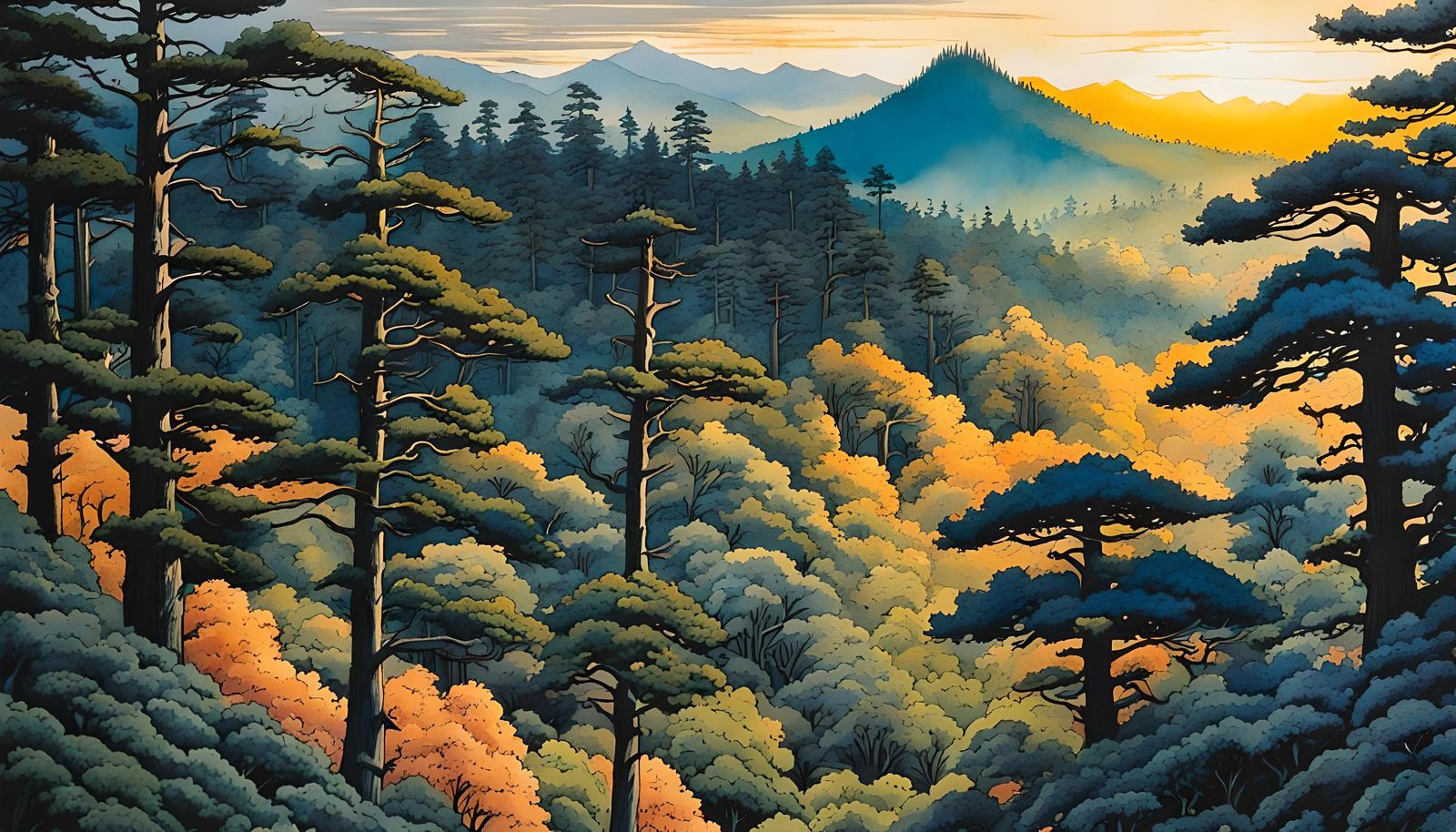 Indigo Forest Sunrise in Ukiyo-e Style