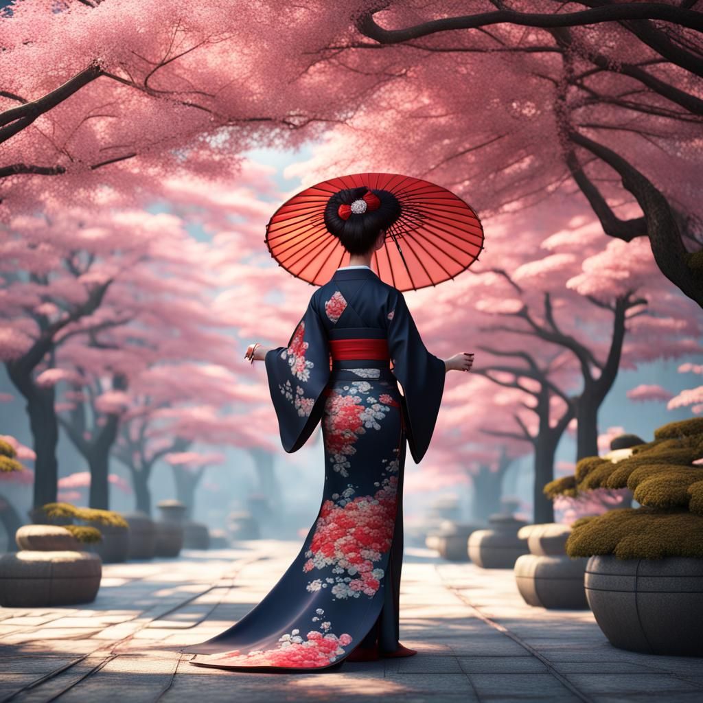Kimono Beauty with Flowers and Umbrella