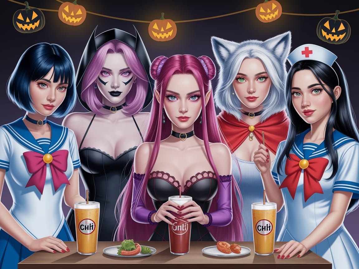 Five Women in Halloween Costumes at Shibuya Party