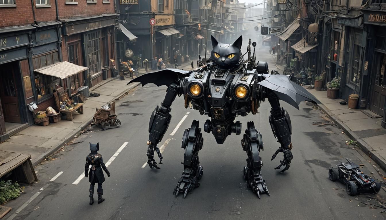 Steampunk Cat Robot in Surrealist City, Magritte Style