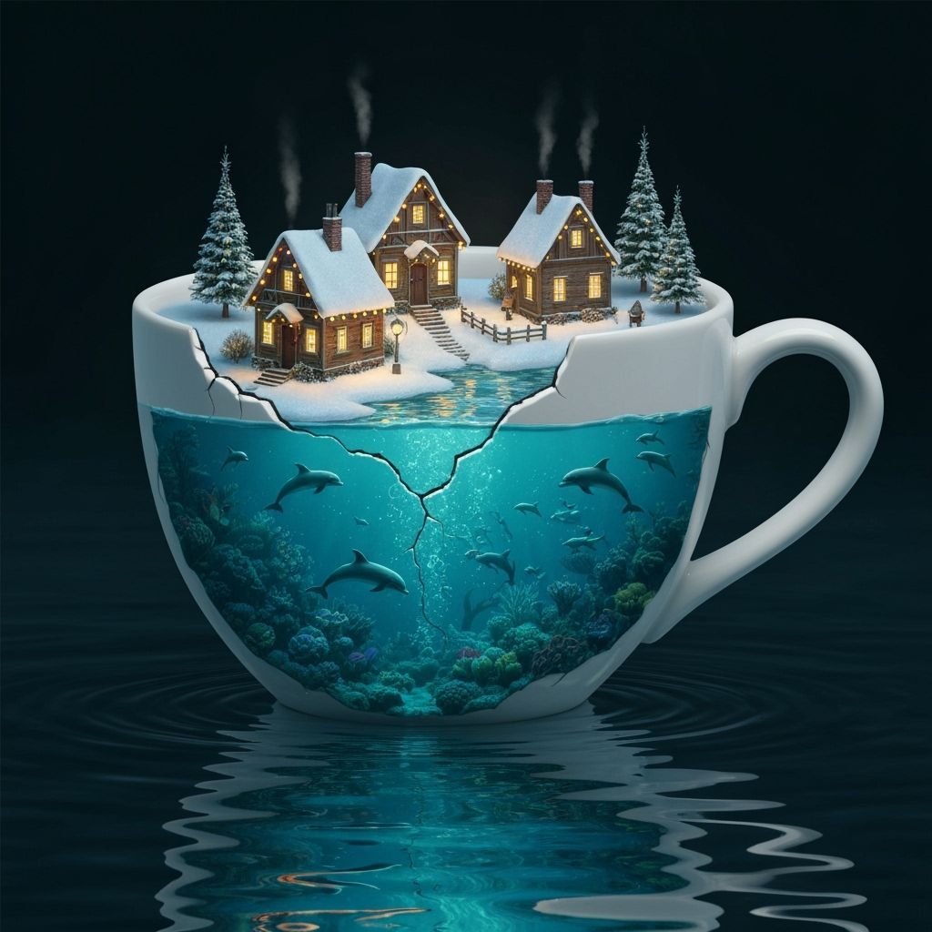 Snowy Village in Coffee Cup with Underwater World