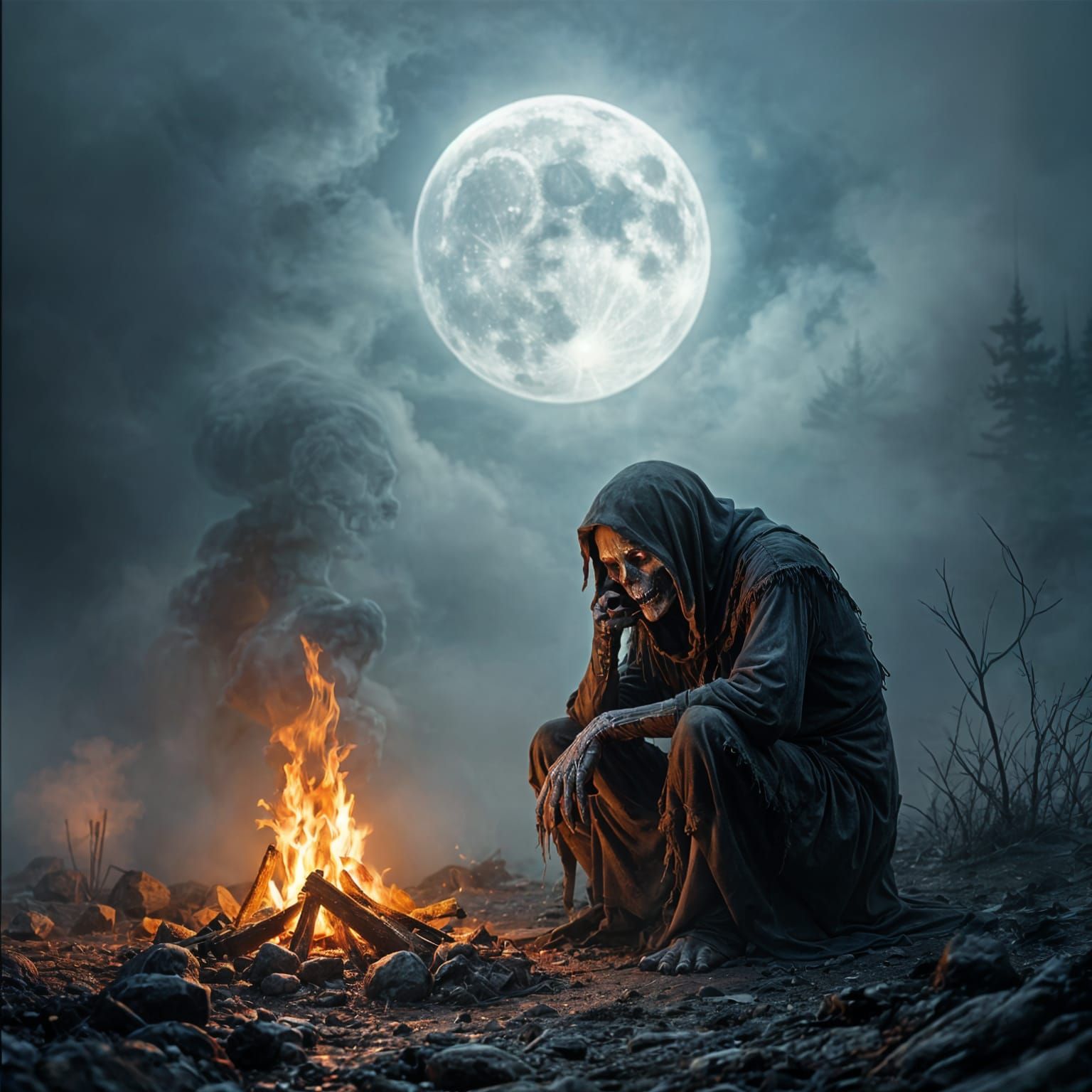 Mystical Ghoul Warms Itself by Fire in Foggy Moonlit Scene